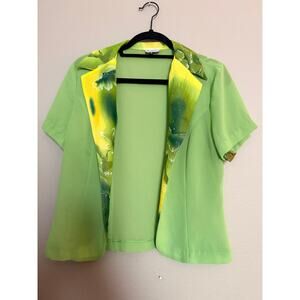 RichSilks Women's Green Short Sleeve Blazer Open Front Floral Trim Jacket M